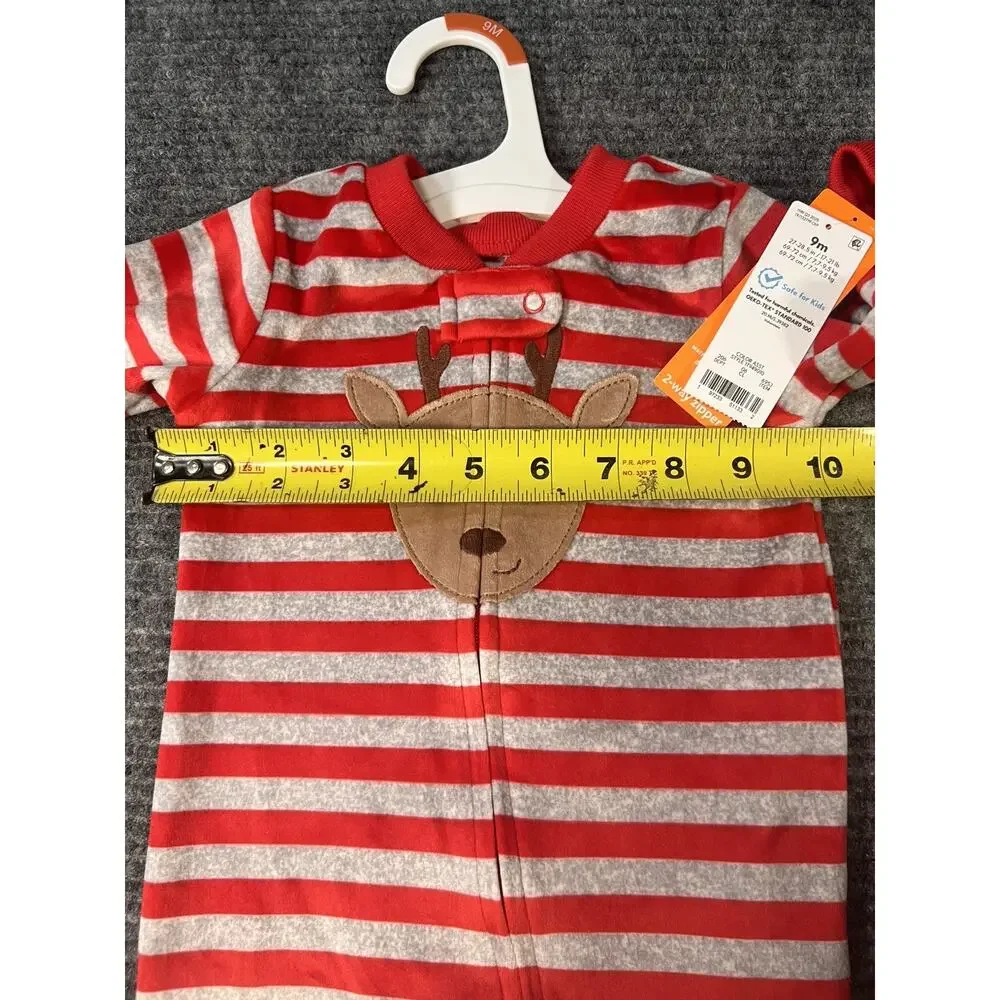 Carter's 9M Red/Gray Fleece Footed Reindeer One-Piece Sleeper 2-Way Zip